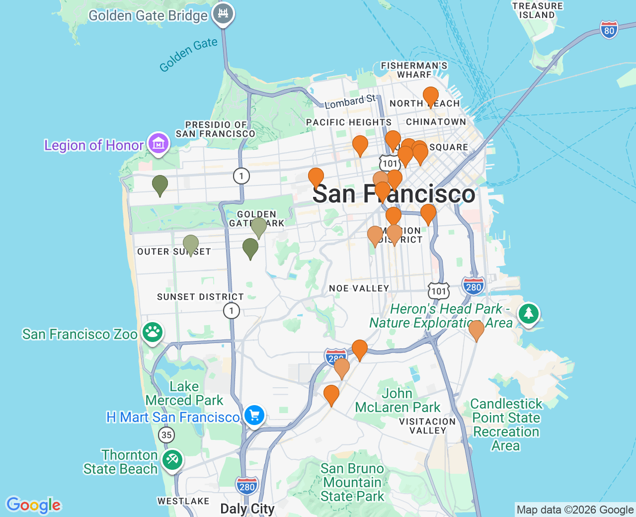 Map of San Francisco with 23 graded intersections marked