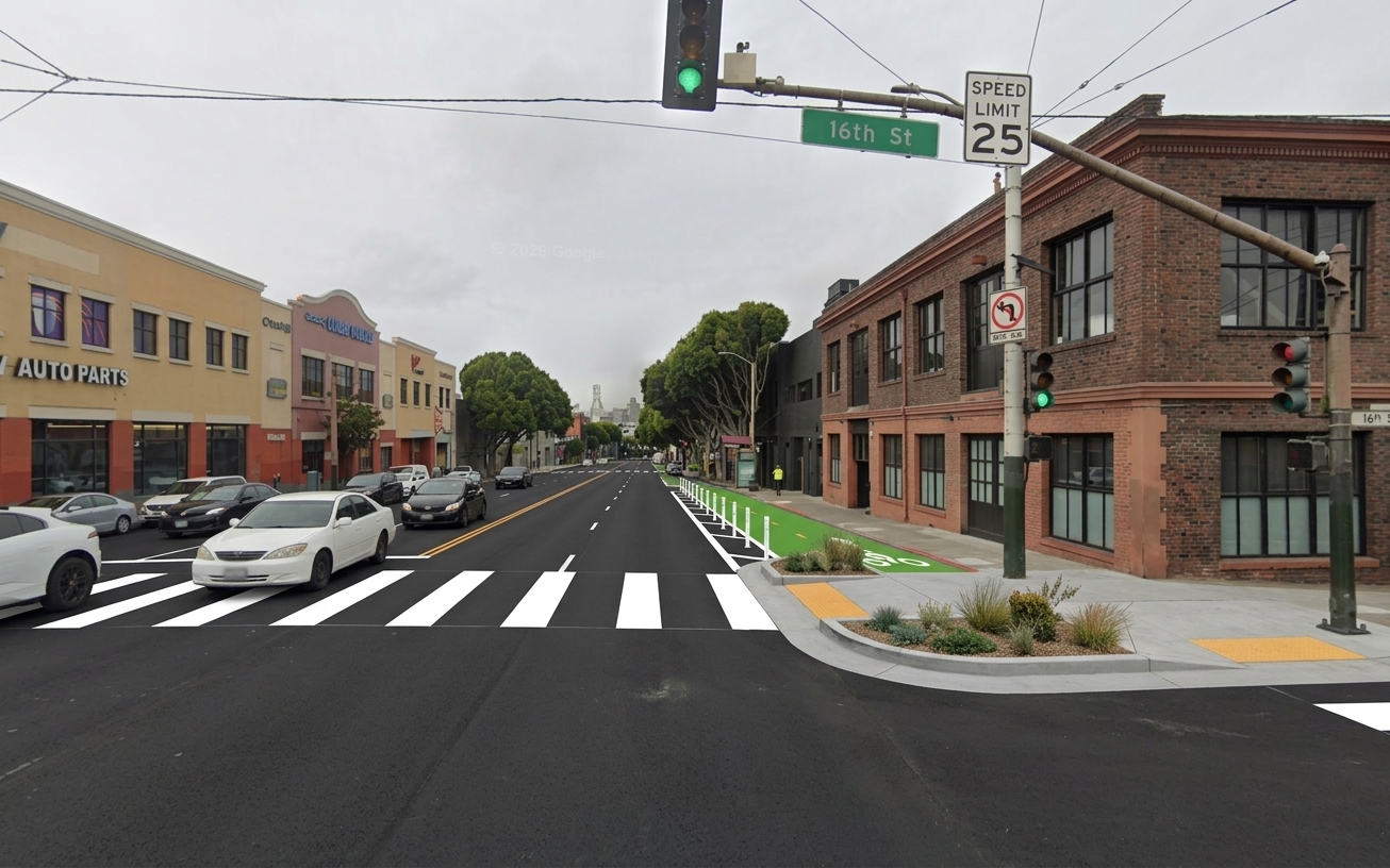 AI visualization of a proposed fix at 16th and Potrero. Not a photograph.