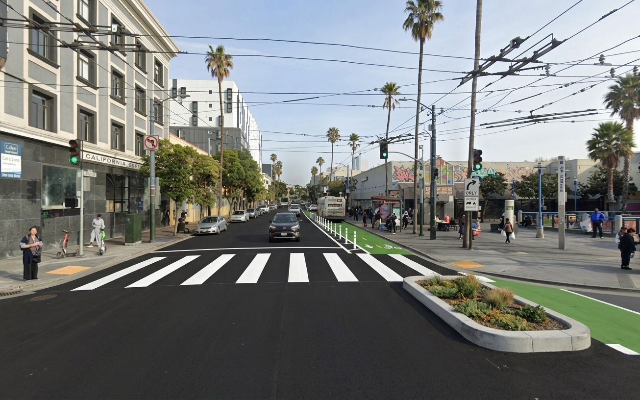AI visualization of a proposed fix at 16th Street and Mission Street. Not a photograph.