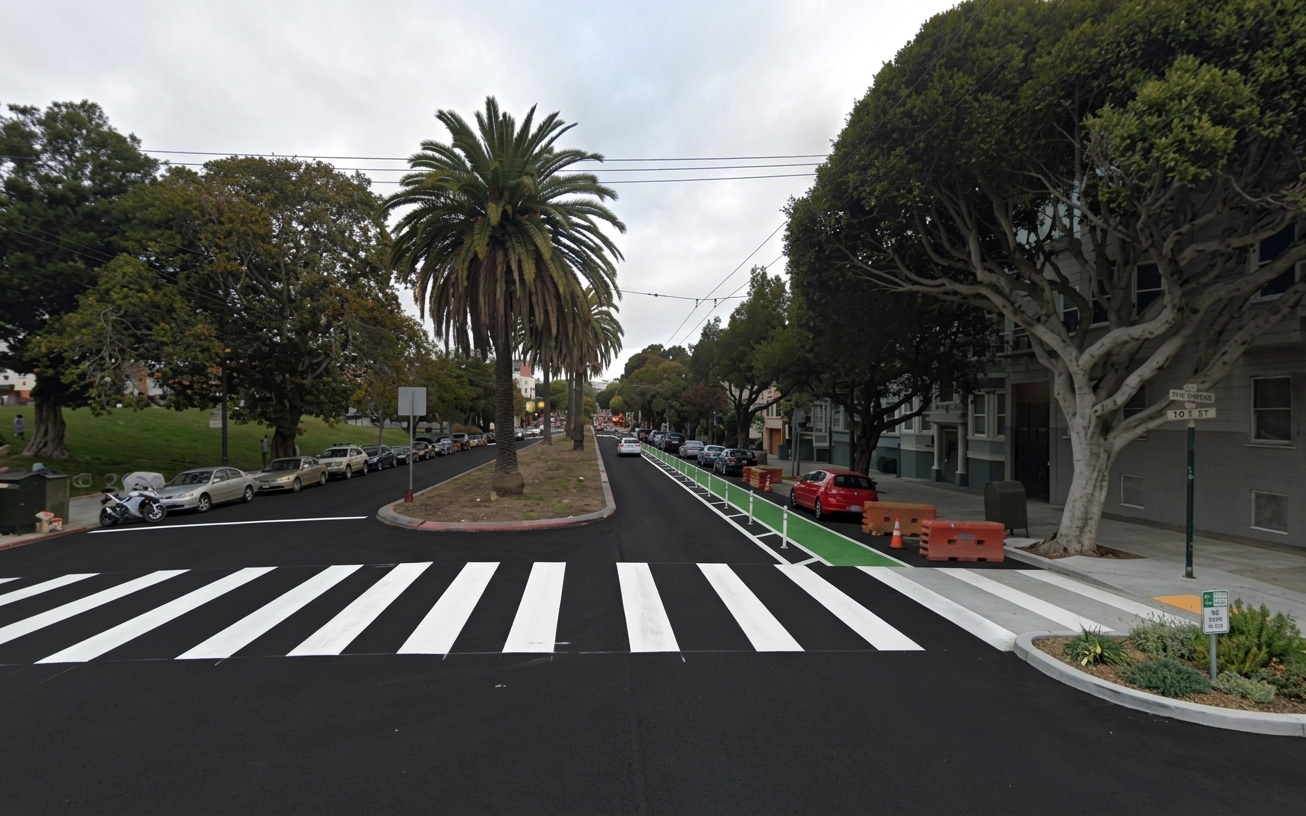 AI visualization of a proposed fix at 19th and Dolores. Not a photograph.