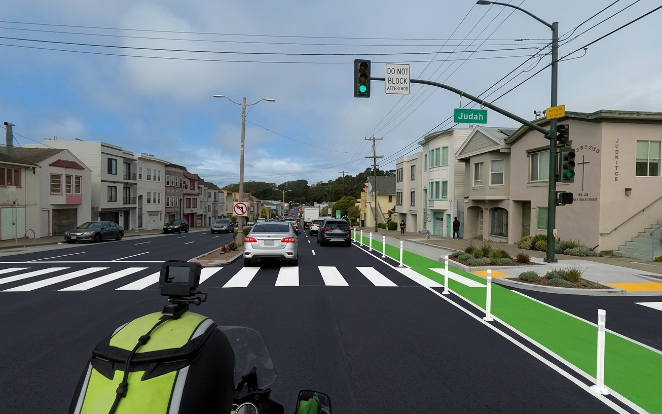 AI visualization of a proposed fix at 19th and Judah. Not a photograph.