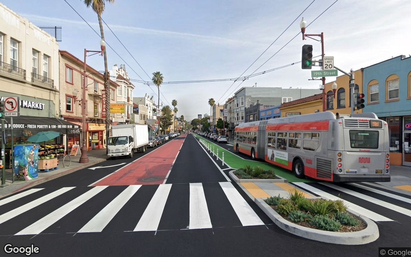 AI visualization of a proposed fix at 19th and Mission. Not a photograph.