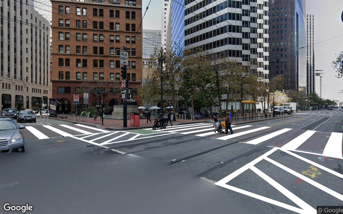 AI visualization of a proposed fix at 1st and Bush. Not a photograph.