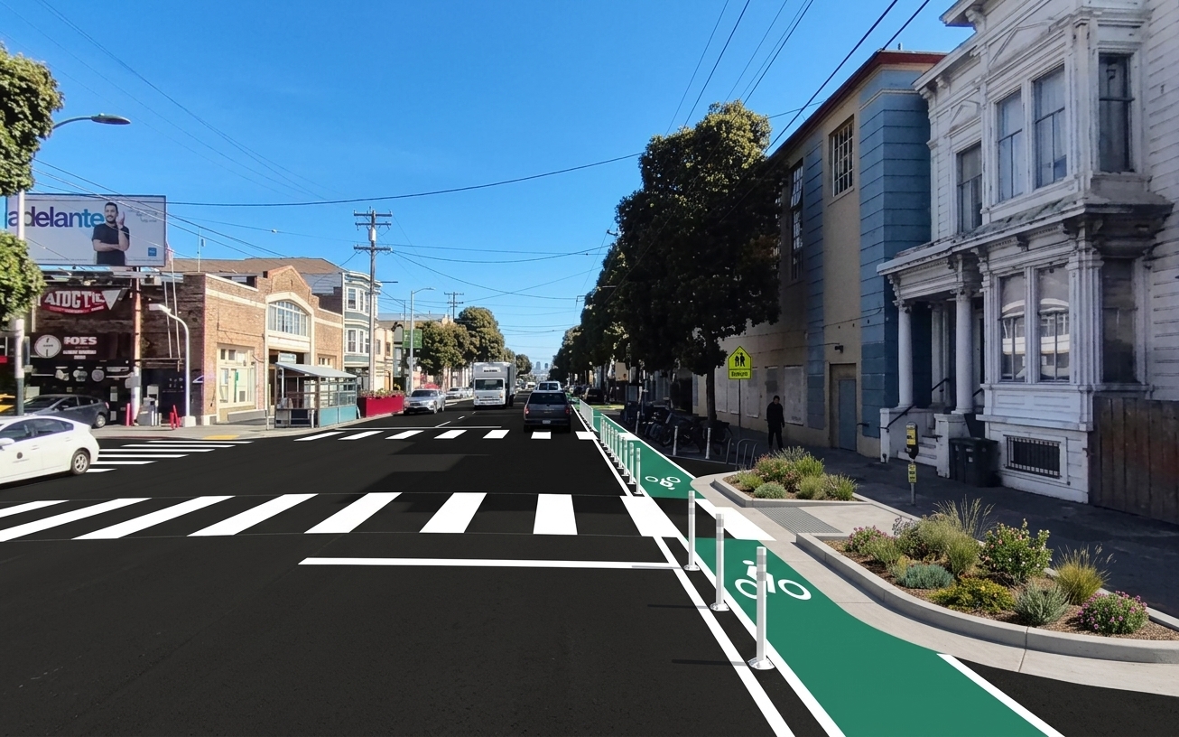 AI visualization of a proposed fix at 24th and Valencia. Not a photograph.