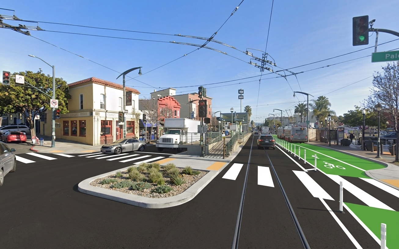 AI visualization of a proposed fix at 3rd and Palou. Not a photograph.