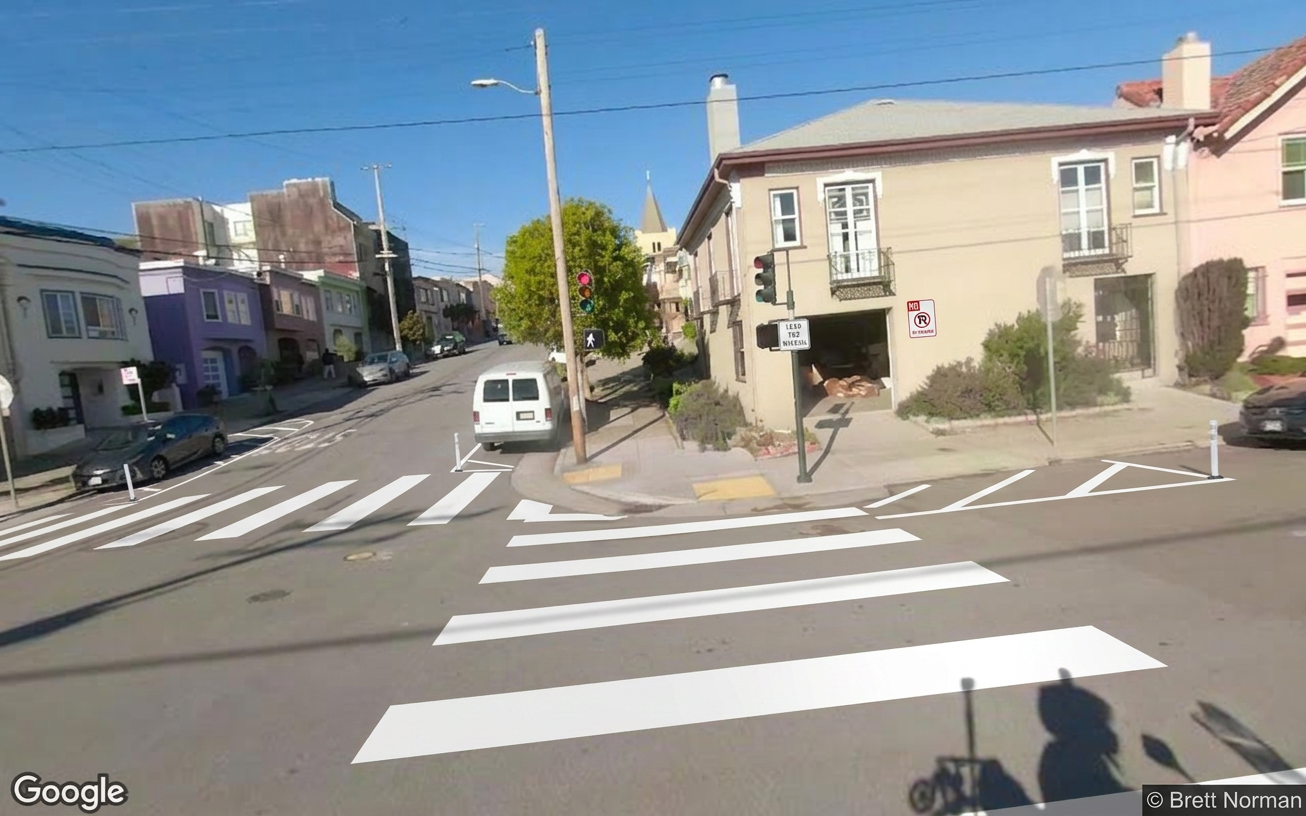 AI visualization of a proposed fix at 40th and Cabrillo. Not a photograph.