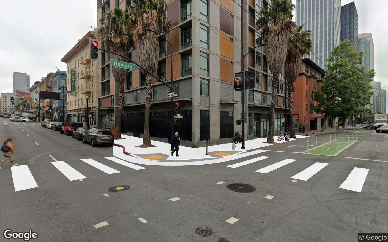 AI visualization of a proposed fix at 6th and Howard. Not a photograph.
