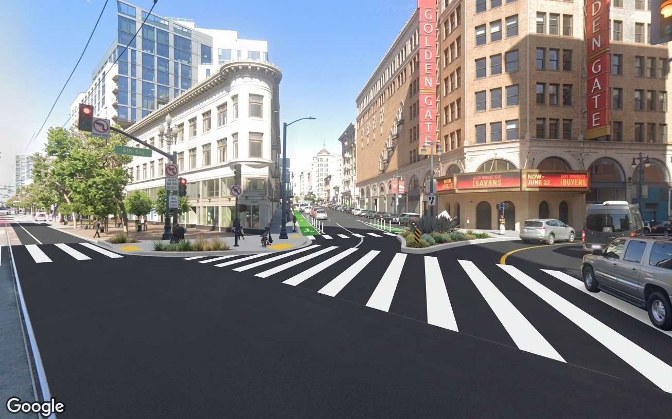 AI visualization of a proposed fix at 6th Street and Market Street. Not a photograph.