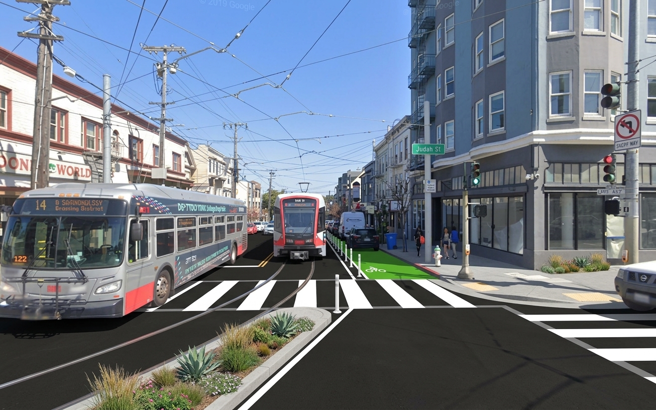 AI visualization of a proposed fix at 9th and Judah. Not a photograph.