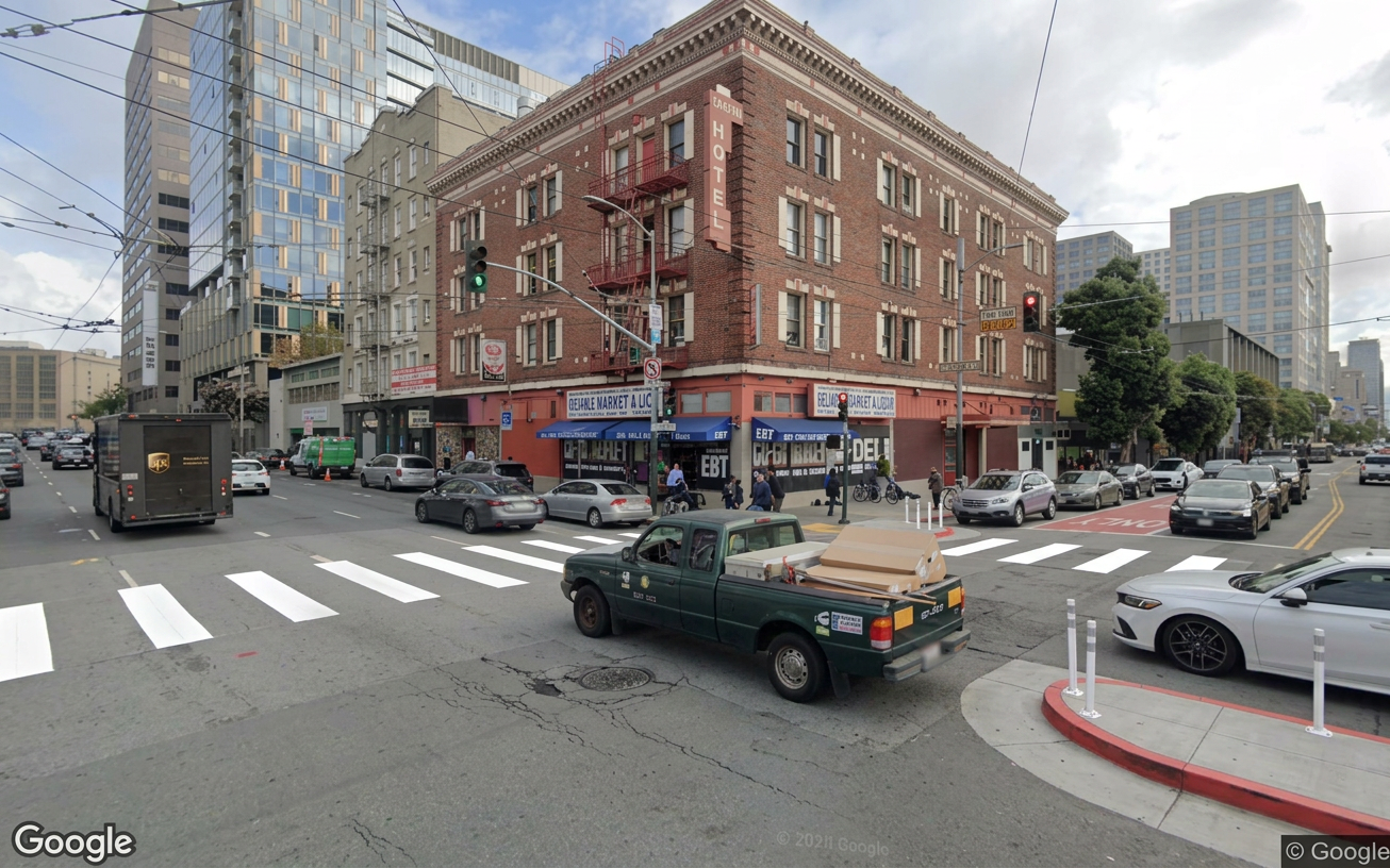 AI visualization of a proposed fix at 9th and Mission. Not a photograph.