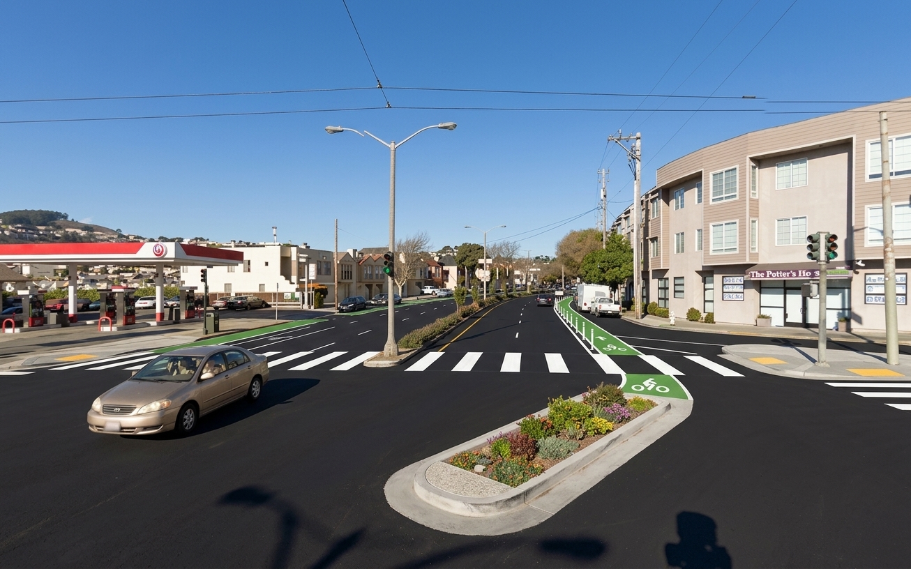AI visualization of a proposed fix at Alemany and Ocean. Not a photograph.