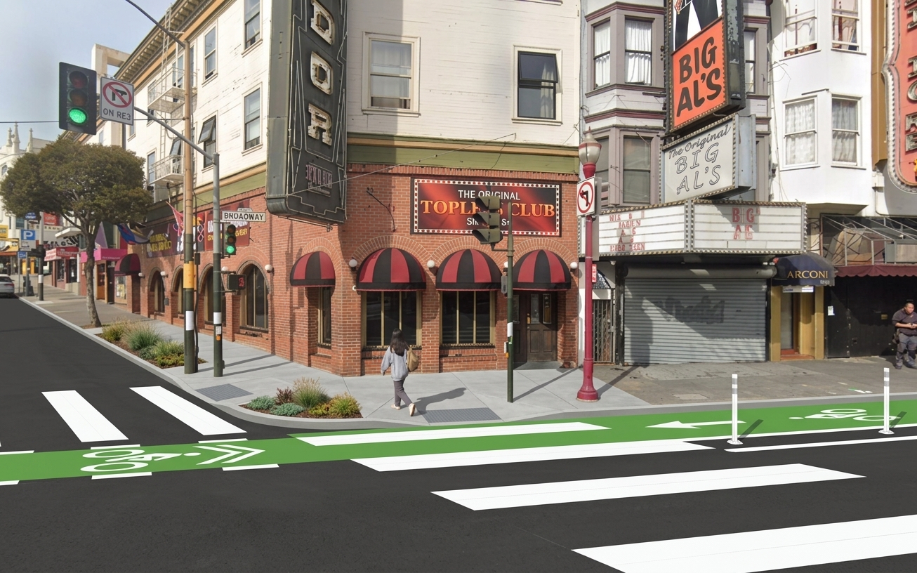 AI visualization of a proposed fix at Broadway and Columbus. Not a photograph.