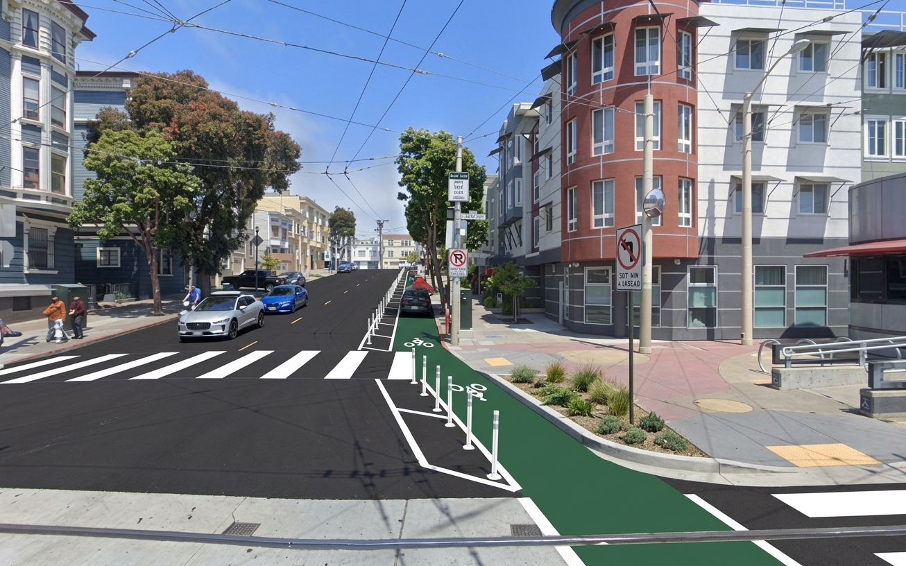 AI visualization of a proposed fix at Church and Duboce. Not a photograph.