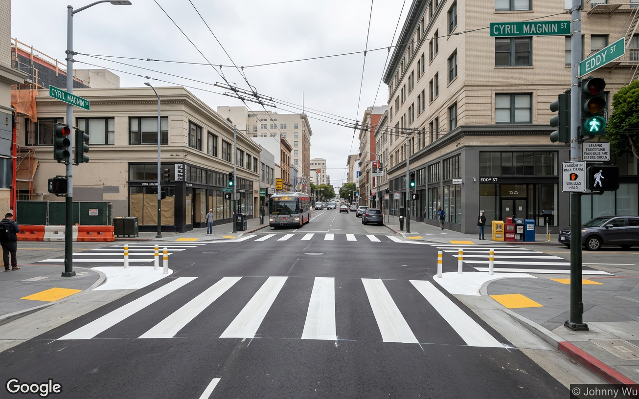 AI visualization of a proposed fix at Cyril Magnin and Eddy. Not a photograph.