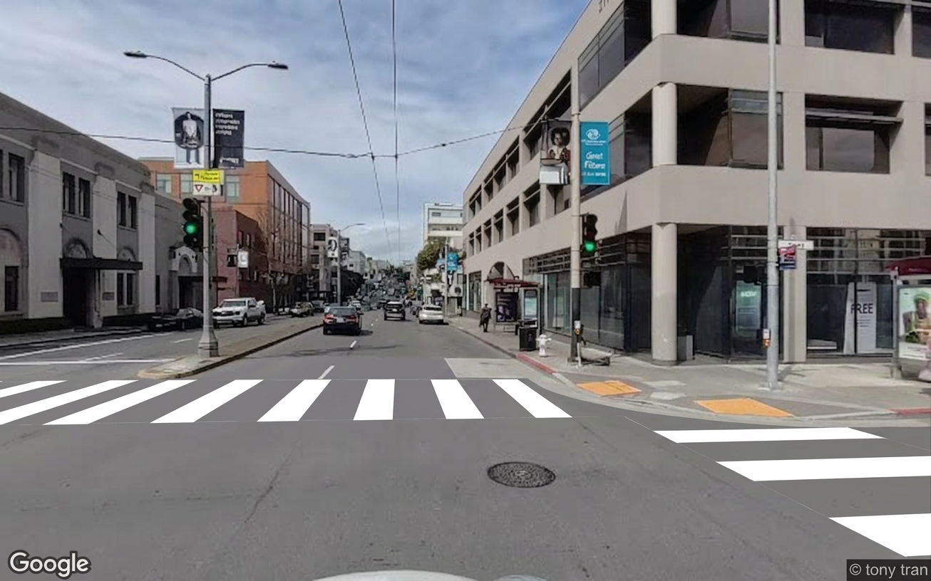 AI visualization of a proposed fix at Divisadero and Geary. Not a photograph.