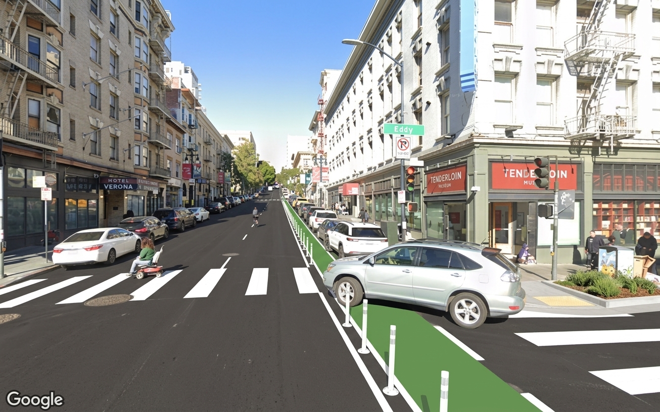AI visualization of a proposed fix at Eddy and Leavenworth. Not a photograph.