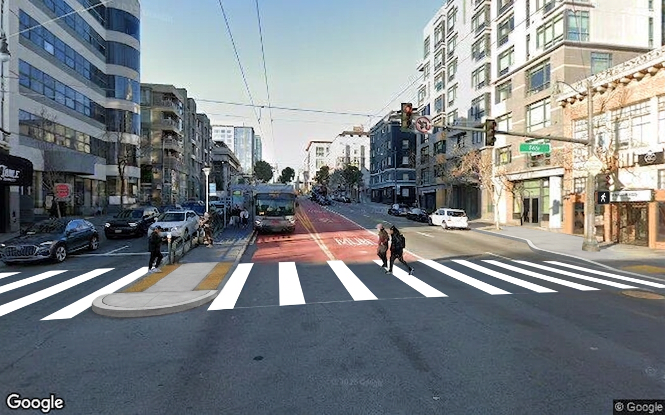 AI visualization of a proposed fix at Eddy and Van Ness. Not a photograph.