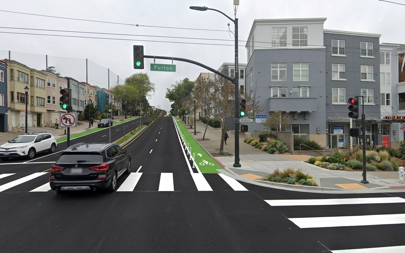 AI visualization of a proposed fix at Fulton and Masonic. Not a photograph.