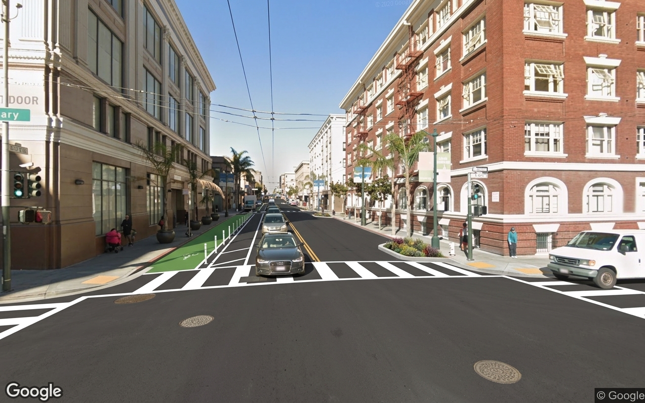 AI visualization of a proposed fix at Geary and Polk. Not a photograph.