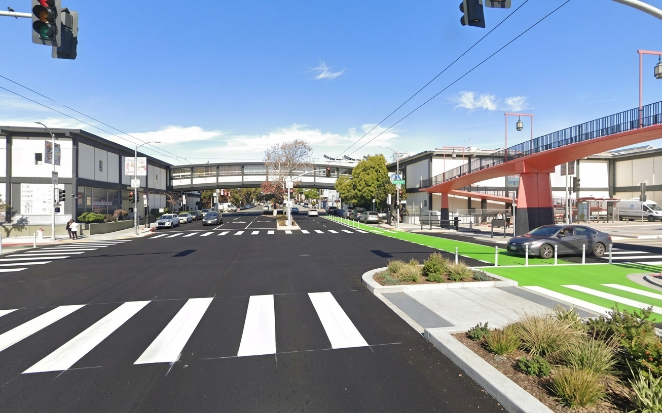 AI visualization of a proposed fix at Geary and Webster. Not a photograph.