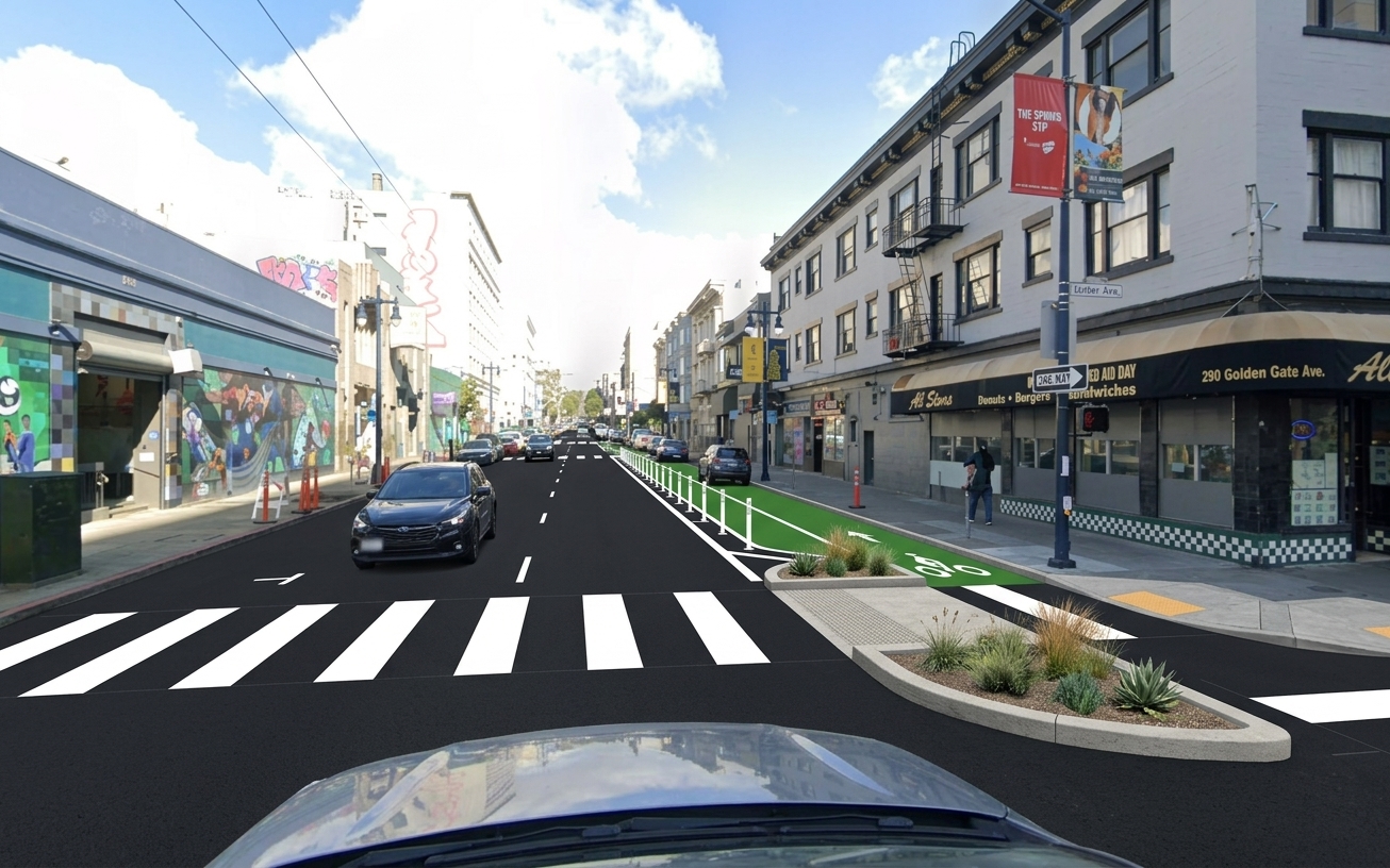 AI visualization of a proposed fix at Golden Gate and Hyde. Not a photograph.