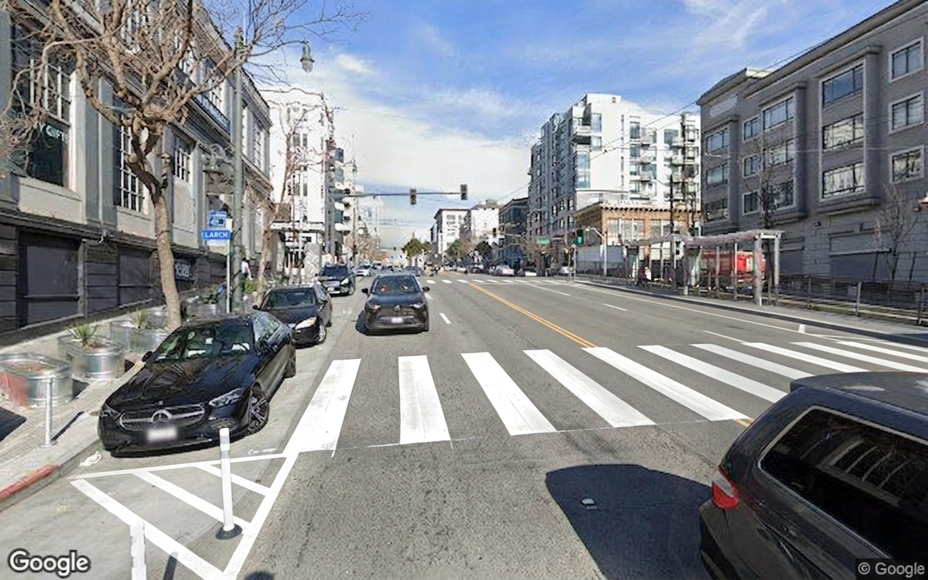 AI visualization of a proposed fix at Larch and Van Ness. Not a photograph.