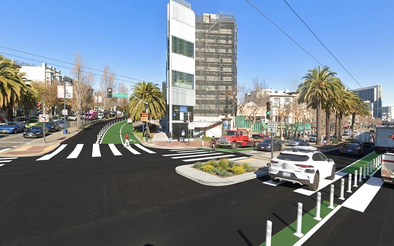 AI visualization of a proposed fix at Market and Octavia. Not a photograph.