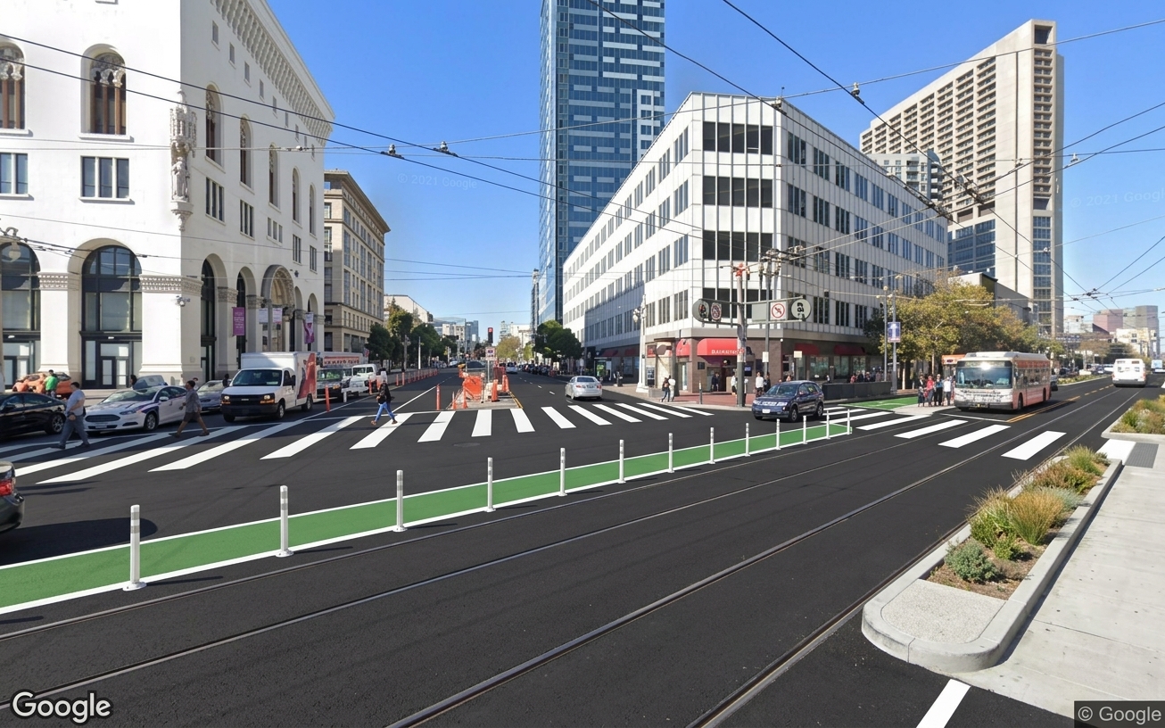 AI visualization of a proposed fix at Market and Van Ness. Not a photograph.