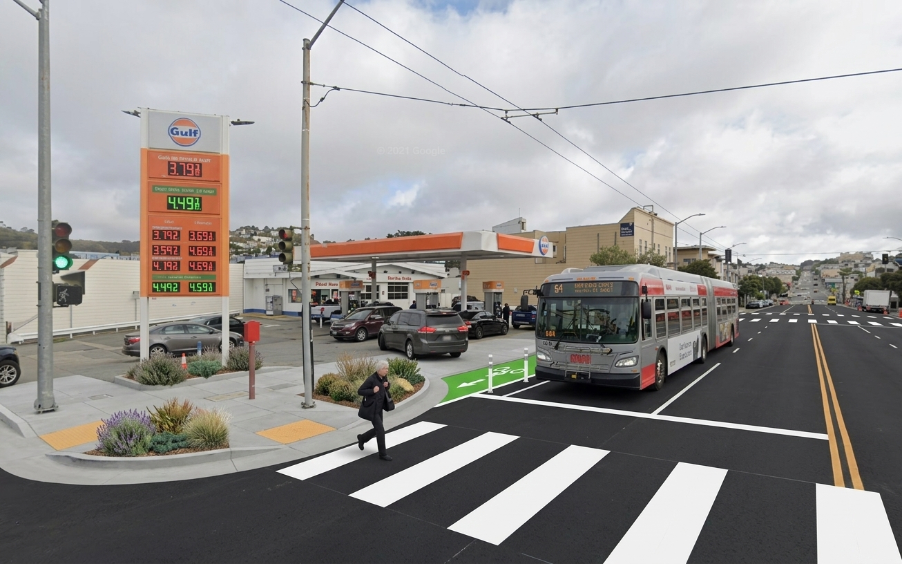 AI visualization of a proposed fix at Mission and Silver. Not a photograph.