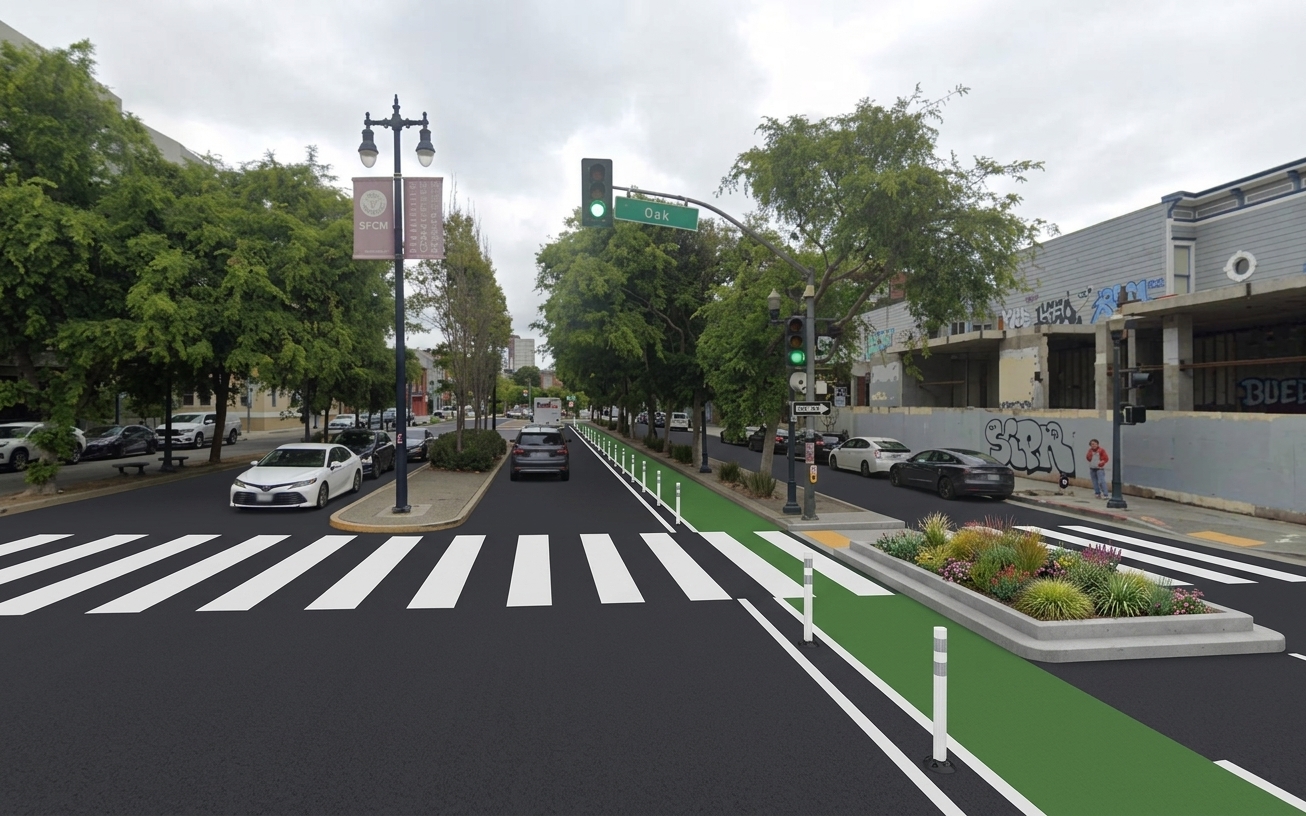 AI visualization of a proposed fix at Oak and Octavia. Not a photograph.