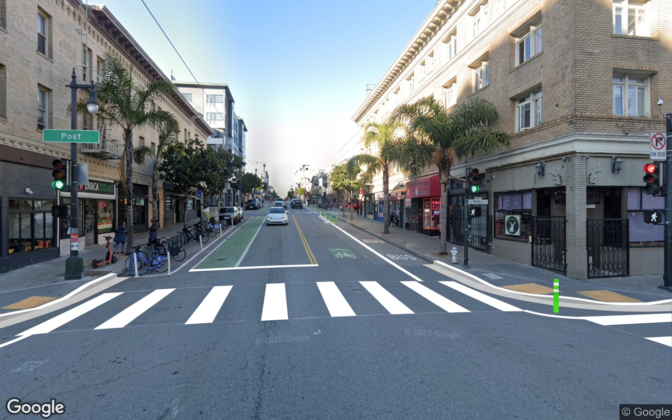 AI visualization of a proposed fix at Polk and Post. Not a photograph.