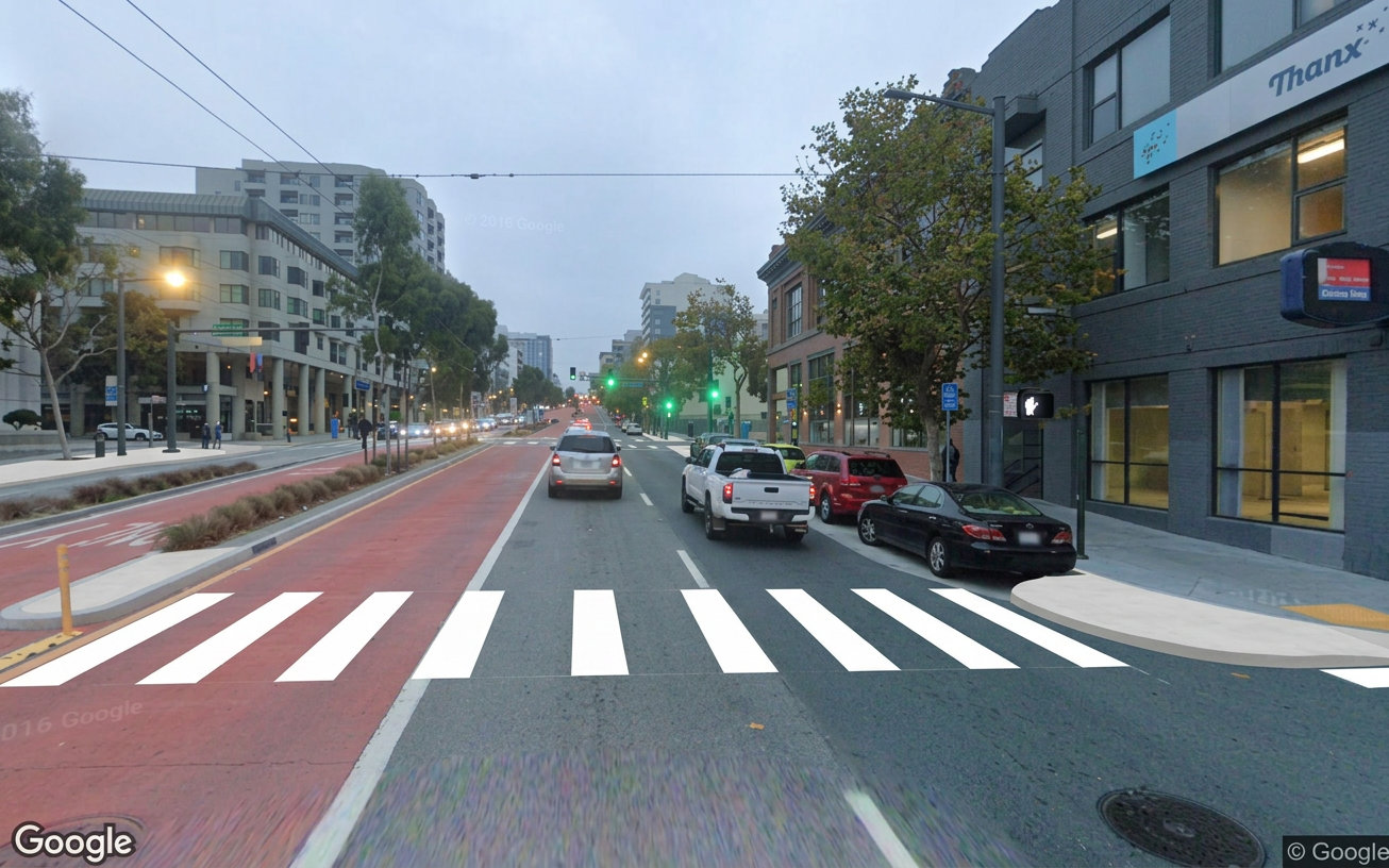 AI visualization of a proposed fix at Redwood and Van Ness. Not a photograph.